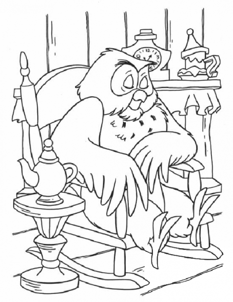 Owl Is sleeping on a chair coloring page image
