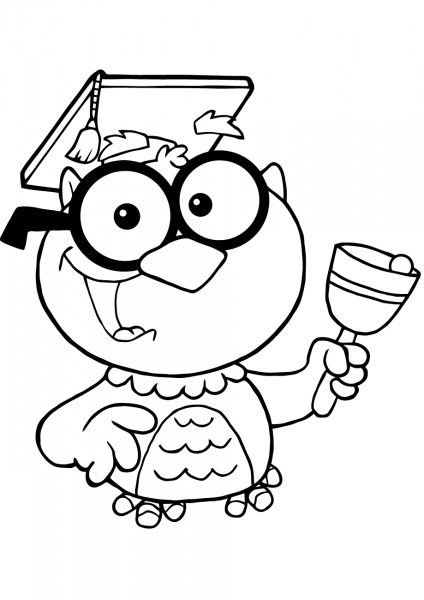 Owl Teacher with Graduate Cap and Bell coloring page image