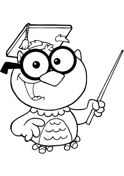 Owl Teacher with Graduate Cap and Pointer coloring page image