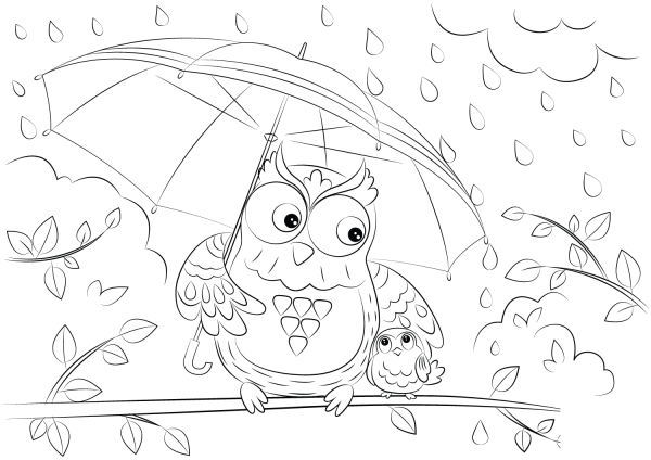 Owl with Chick Under Umbrella coloring page image