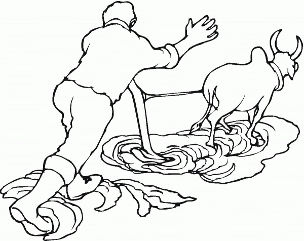 Ox Pulling a Plow coloring page image