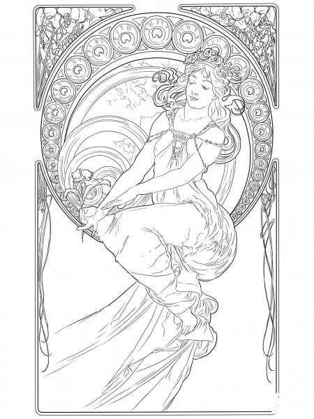 Painting by Alphonse Mucha coloring page image