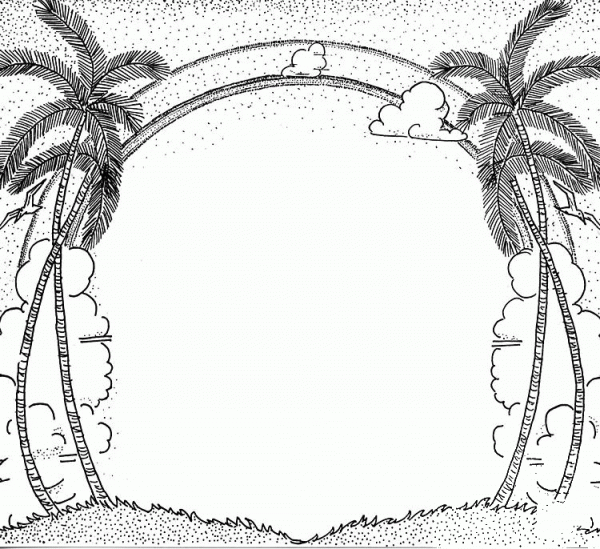 Palm and Clouds Cartouche coloring page image
