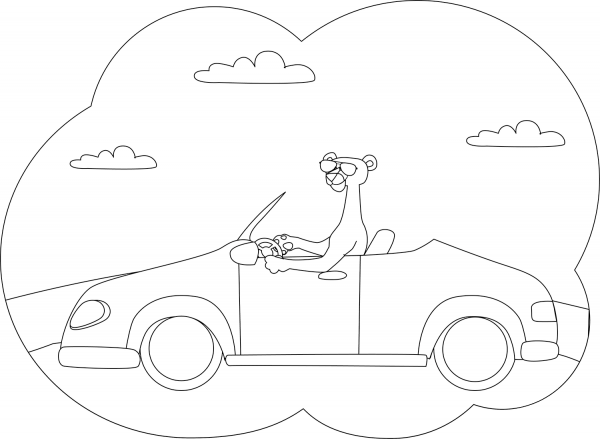 Panther driving a convertible car coloring page image