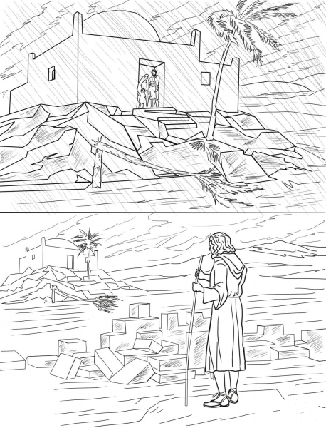 Parable of the Two Builders (Wise and Foolish Builders) coloring page image