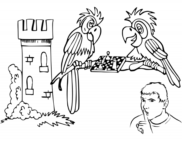 Parrots Playing Chess coloring page image