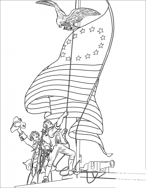 Patriots Raising an American Flag coloring page image