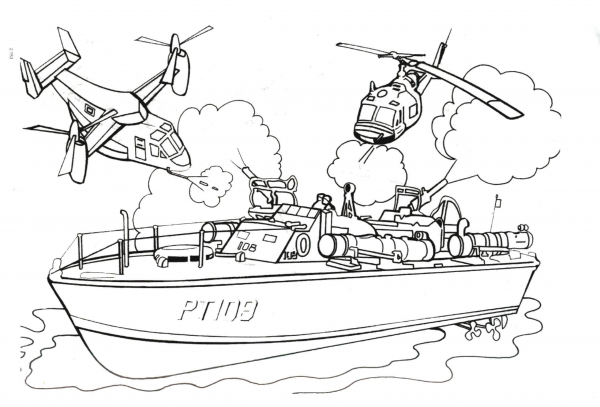 Patrol boat is attacked by helicopters coloring page image