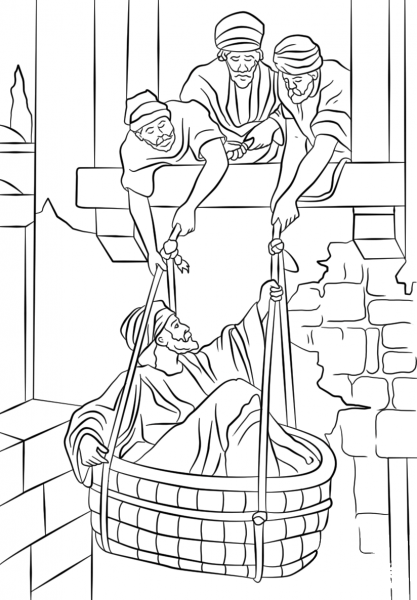 Paul Escapes in a Basket coloring page image