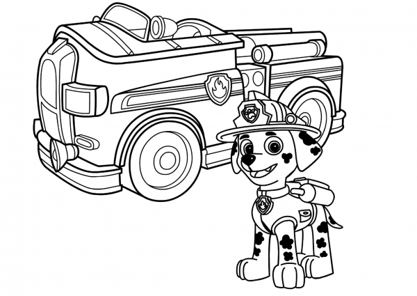 Paw Patrol Marshall with Fire Truck coloring page image