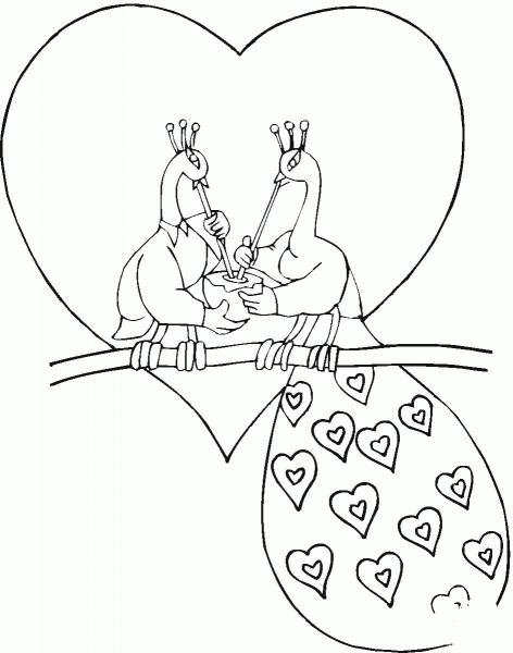Peacock and Peahen in Love coloring page image