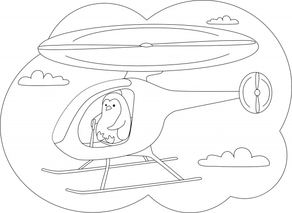 Penguin flying on the Helicopter coloring page image