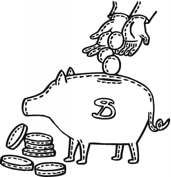Penny deposit into a piggy bank coloring page image