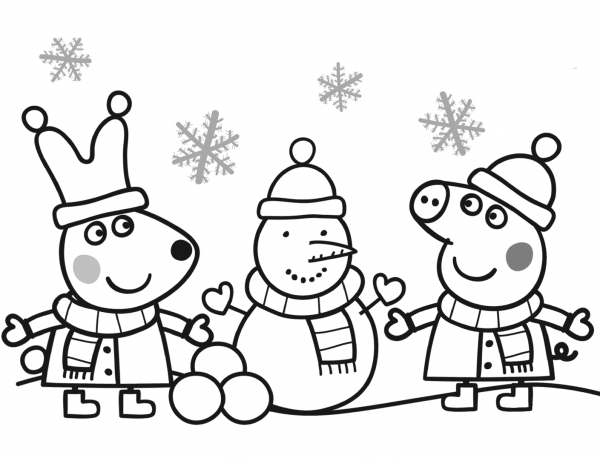 Peppa and Rebecca are Making Snowman coloring page image
