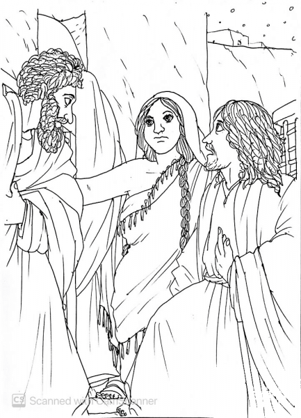 Peter and John Ask the Girl at the Door of the High Priests House If They Could Get in to See the Trial coloring page image
