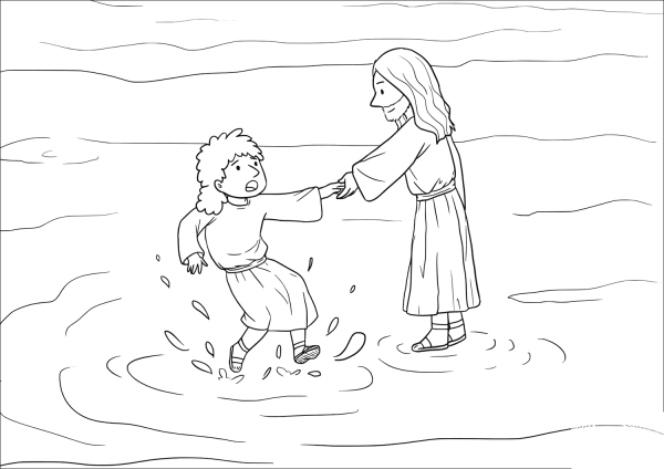 Peter got down out of the boat, walked on the water, and came toward Jesus coloring page image