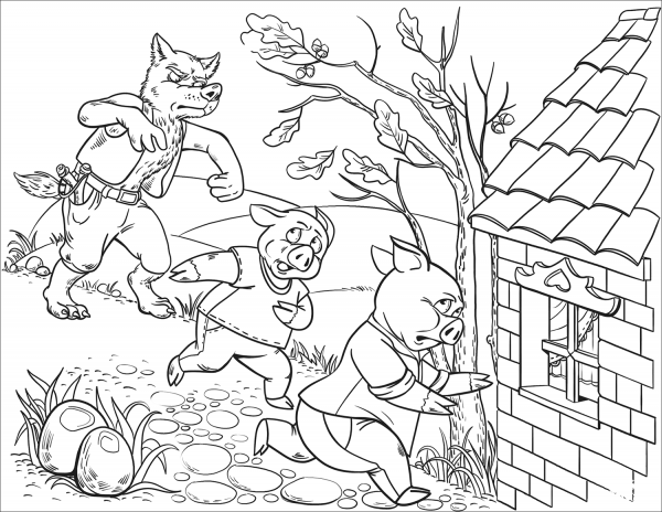 Peter Pig and Patty Pig Run Away from the Wolf to the House of Penny Pig coloring page image