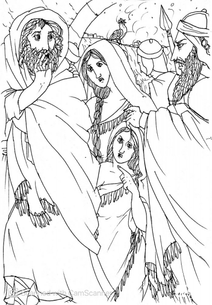 Peter Runs Away from Some People Who Recognised Him as a Disciple of Jesus coloring page image