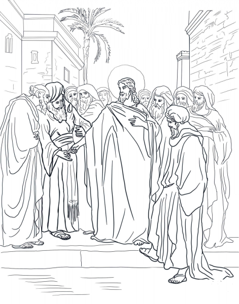 Pharisees Question Jesus About Taxes coloring page image