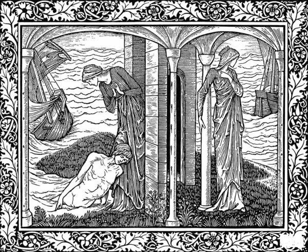 Phyllis Rescues Demophon Washed Ashore After the Sinking of His Ship coloring page image