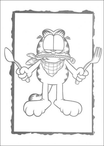 Picture Of Garfield with fork and knife coloring page image