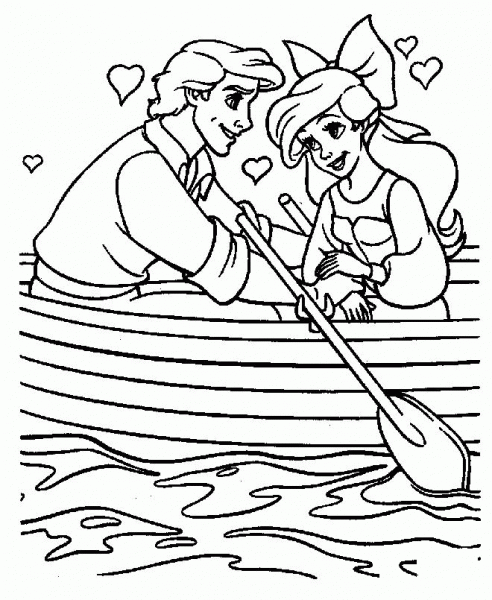 Ariel And Prince Eric in a boat coloring page image