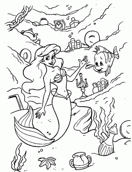 Ariel and under sea world coloring page image