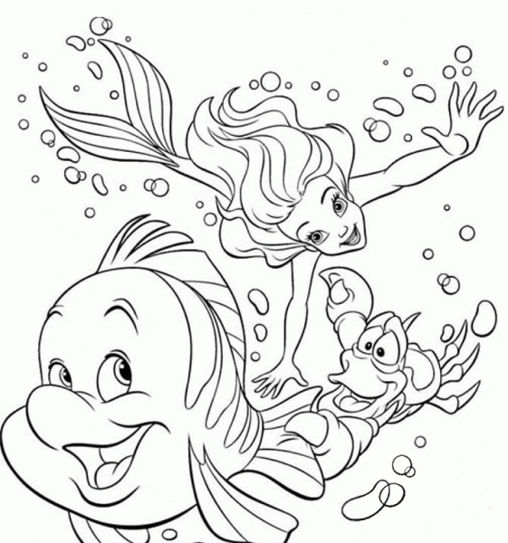 Ariel, Sebastian and Flounder Are Swimming Together coloring page image