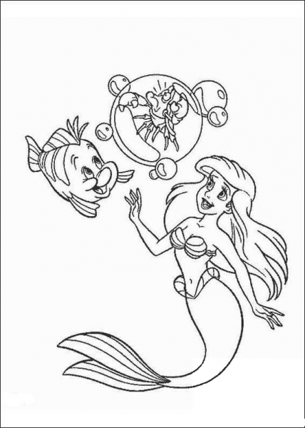 Ariel, Sebastian and Flounder coloring page image