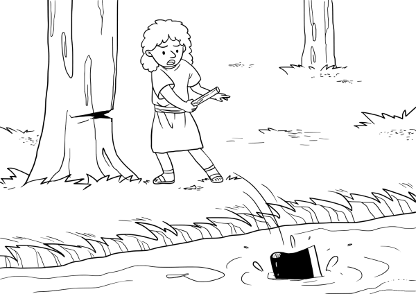 As One of the Prophets was Cutting down a Tree the Iron Axhead Fell into the Water of the Jordan coloring page image