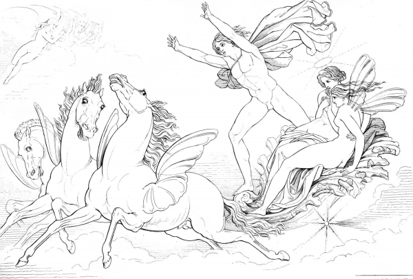 Asia and Panthea on the Chariot – Shelley, Prometheus Unbound, Act II, Scene 4 coloring page image