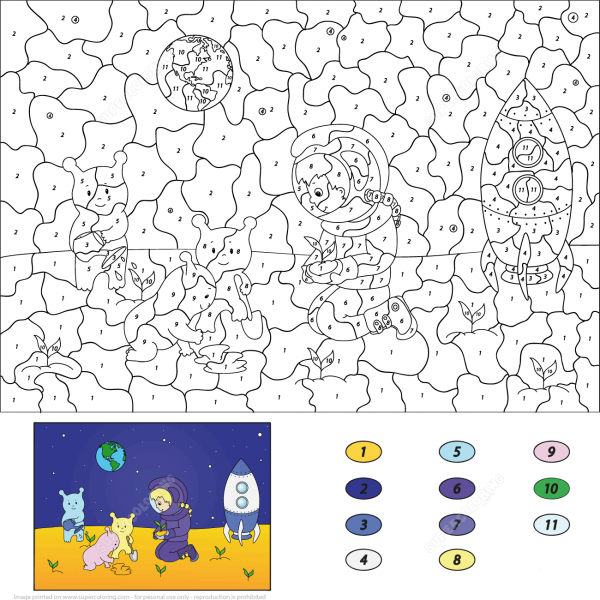 Astronaut Boy and Aliens Plant Herbs on the Moon Color by Number image