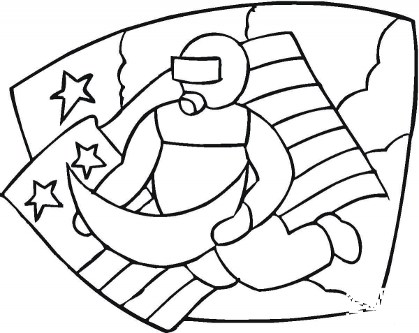 Astronaut, Moon and American Flag coloring page image