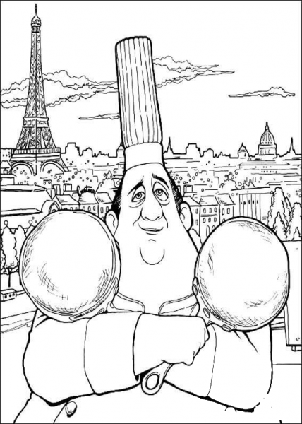 Auguste Gusteau with two pans and a beautiful Parisian view on the Eiffel Tower behind.  coloring page image