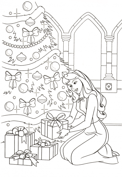 Aurora Places All the Gifts Under the Tree coloring page image
