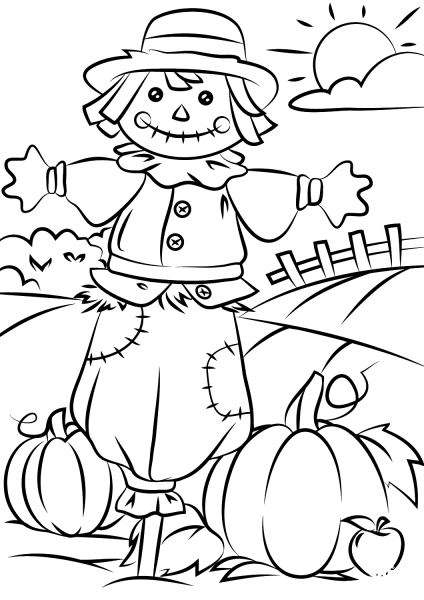 Autumn Scene with Scarecrow coloring page image