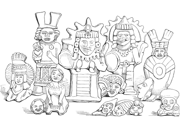 Aztec Figures in Clay coloring page image