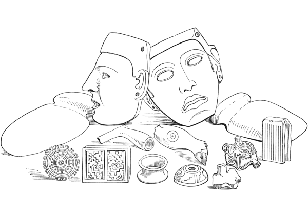 Aztec Masks, Hatchets, Pipes, Stamps, Ring and Distaff coloring page image