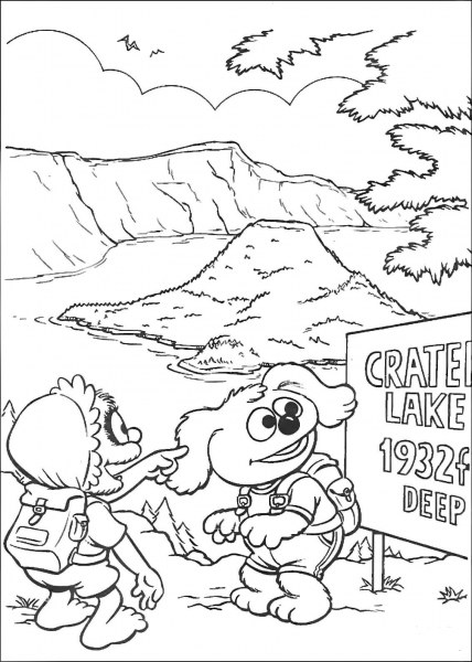 Baby Animal and Baby Rowlf on a Crater lake coloring page image