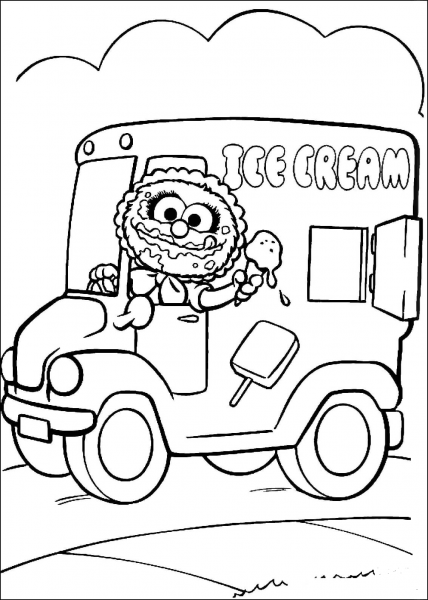 Baby Animal drives Ice Cream Van coloring page image
