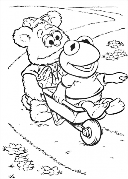 Baby Fozzie and Baby Kermit in a cart coloring page image