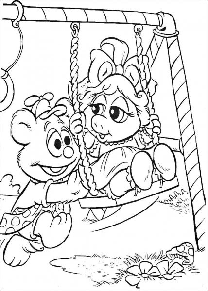 Baby Fozzie and Baby Miss Piggy on a Swings coloring page image