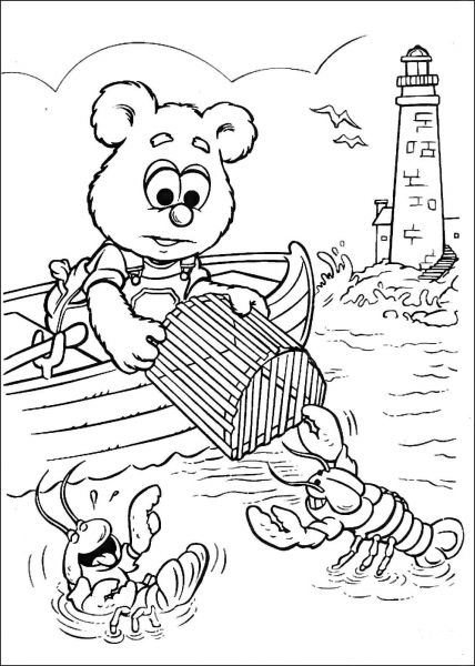 Baby Fozzie is fishing for Lobsters coloring page image