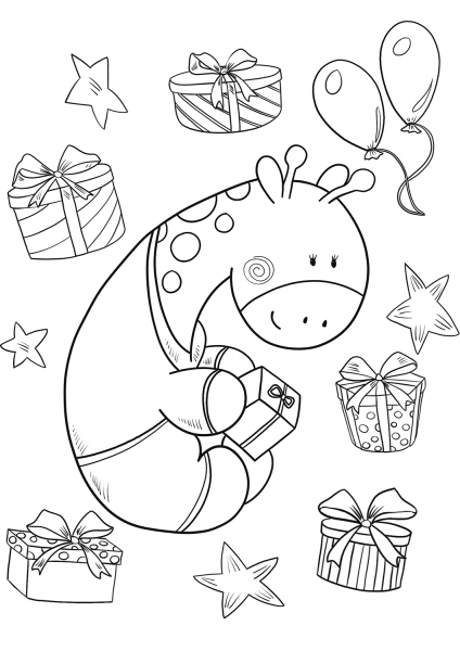 Baby Giraffe with a Present on His Birthday coloring page image