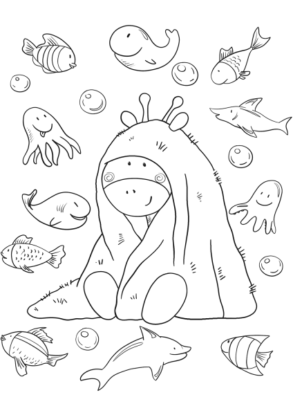 Baby Giraffe with a Towel coloring page image