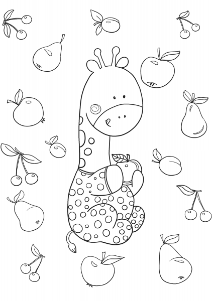 Baby Giraffe with An Apple coloring page image