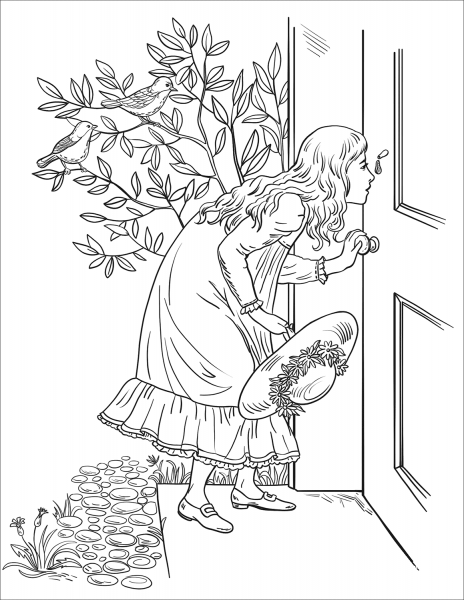 Baby Girl Called Goldenlocks Seeing Nobody in the House at the Keyhole coloring page image