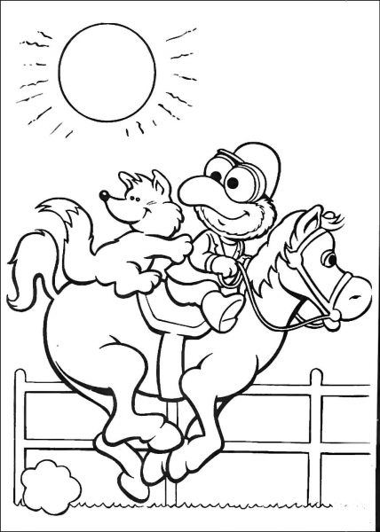 Baby Gonzo and fox are riding horse  coloring page image