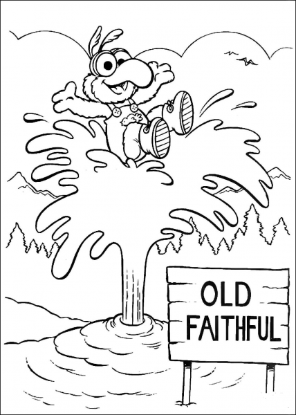 Baby Gonzo at Old Faithful geyser in Yellowstone coloring page image