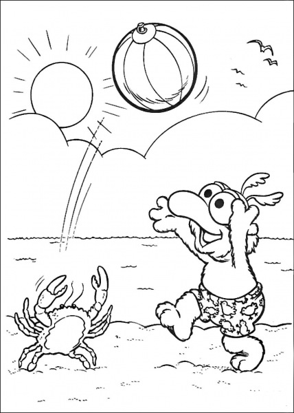 Baby Gonzo Playing Volleyball with Crab coloring page image